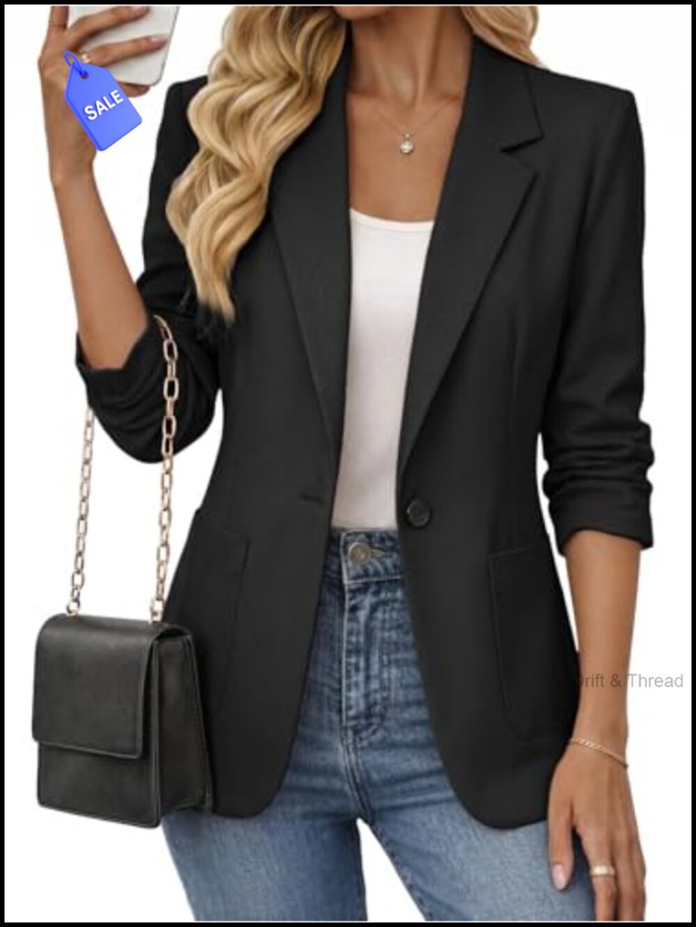 Women's Ruched 3/4 Sleeve Lightweight Fitted Blazer Business Casual
